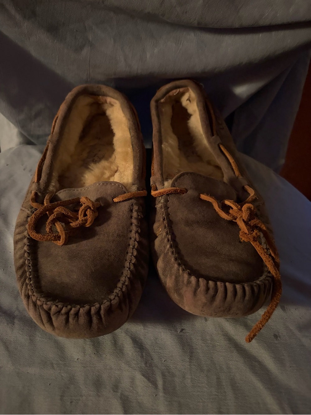 UGG women Brown Suede Moccasin Slippers with Shearling